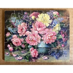 Vintage Best O Luck wood jigsaw puzzle Peonies floral 4" x 5" complete 1930's